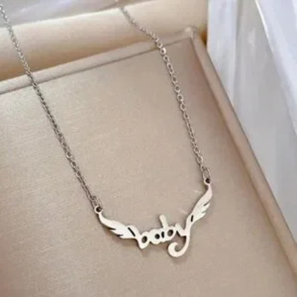 18K White Gold (Rhodium) Baby Nameplate With Wings Pendant Necklace No Fade
